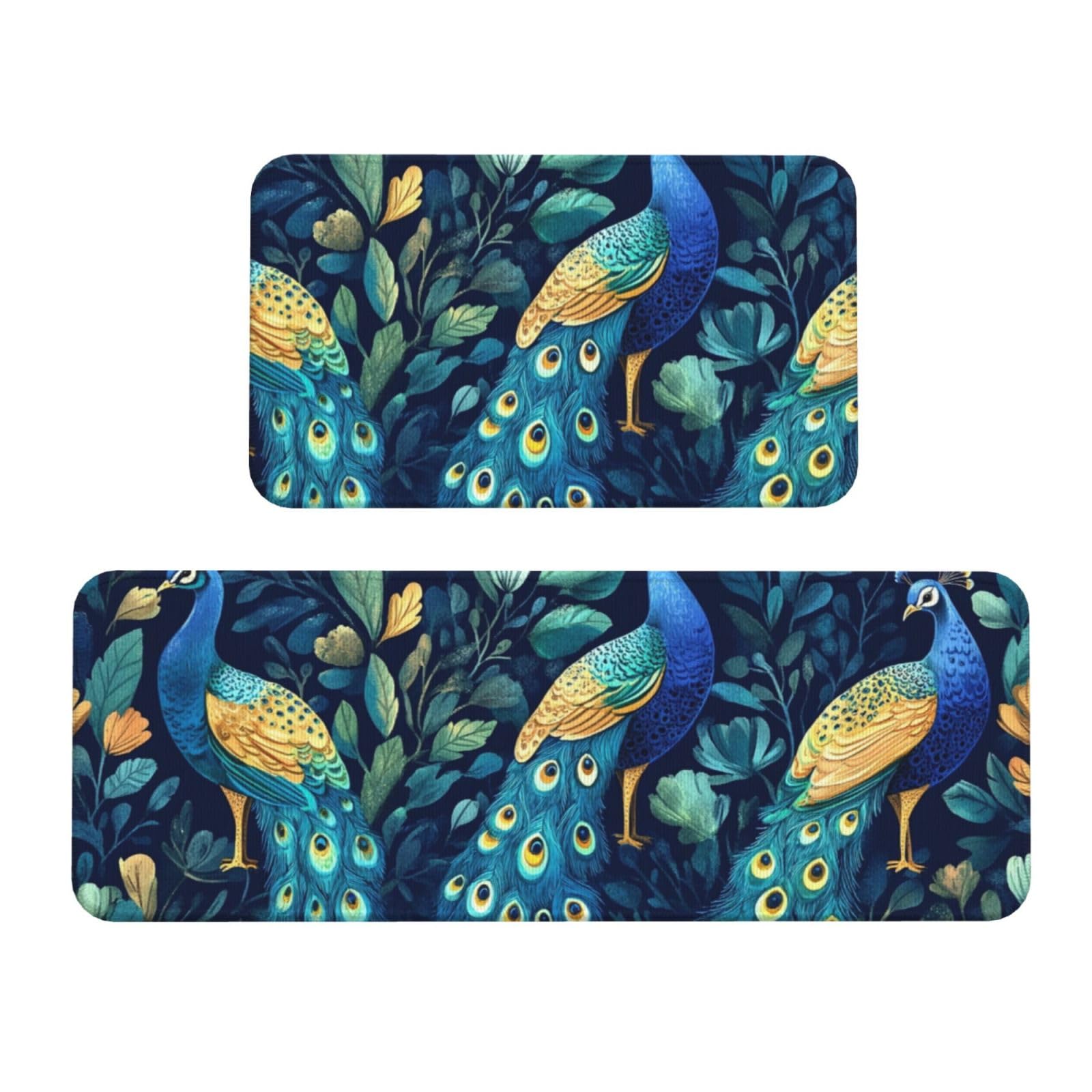 Tapetes de cocina lavables con diseño de pavos reales sobre fondo verde