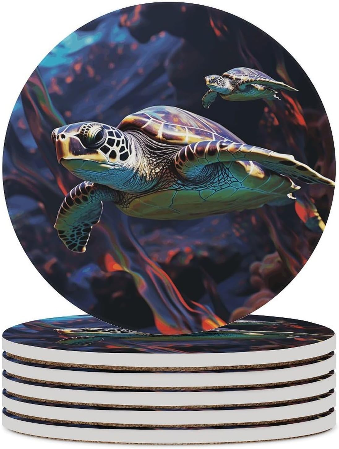6PCS A Colorful Tropical Sea Turtle Coasters Non-Slip Round Drink Coasters with Ceramic Stone and Cork Base, Heat Resistant Absorbent 33.00Stone Coaster Set for Kinds of Mugs and Cups, 4 Inch