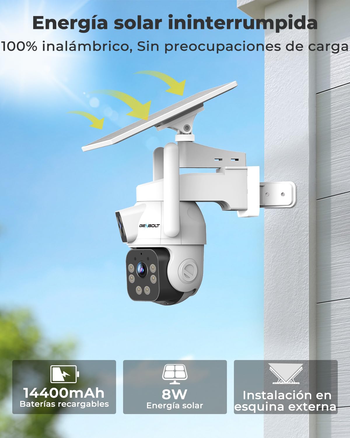 GENBOLT 2K AOV WiFi Cámara Vigilancia Exterior Inalámbrica Solar IP66 | Grabación 24/7, Doble Lente 3MP*2 Cámara IP Seguridad, Detección de IA 90FT, Batería 14400mAh 8W, 2.4&5GHz WiFi, CCTV Cámaras