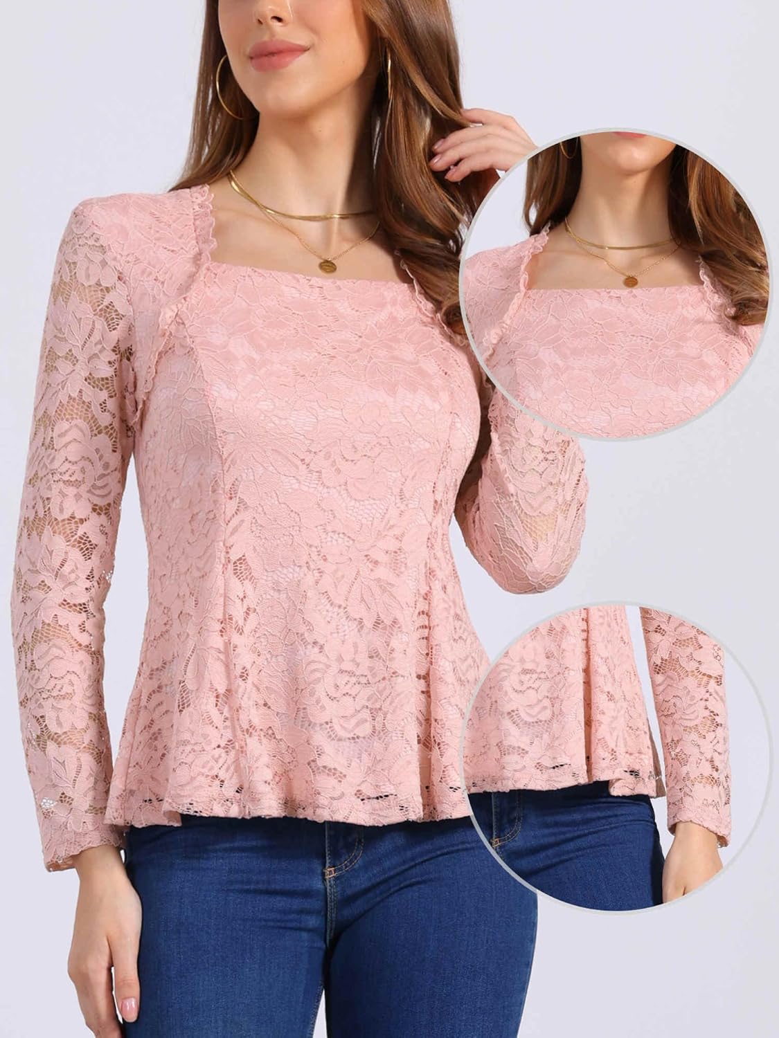 Allegra K Lace Tops for Women's Square Neck Long Sleeve Stertch Elegant Casual Peplum Blouse Top - Image 4