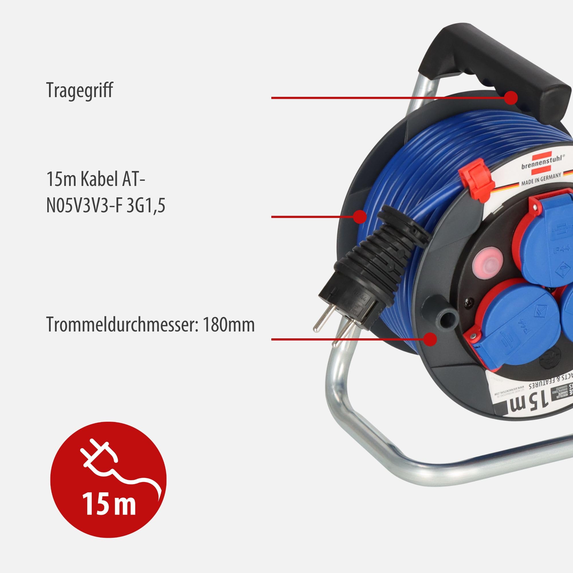 Brennenstuhl Garant Kompakt IP44 Kabeltrommel (15m Kabel in blau, Spezialkunststoff, kurzfristiger Einsatz im Außenbereich, Made in Germany)