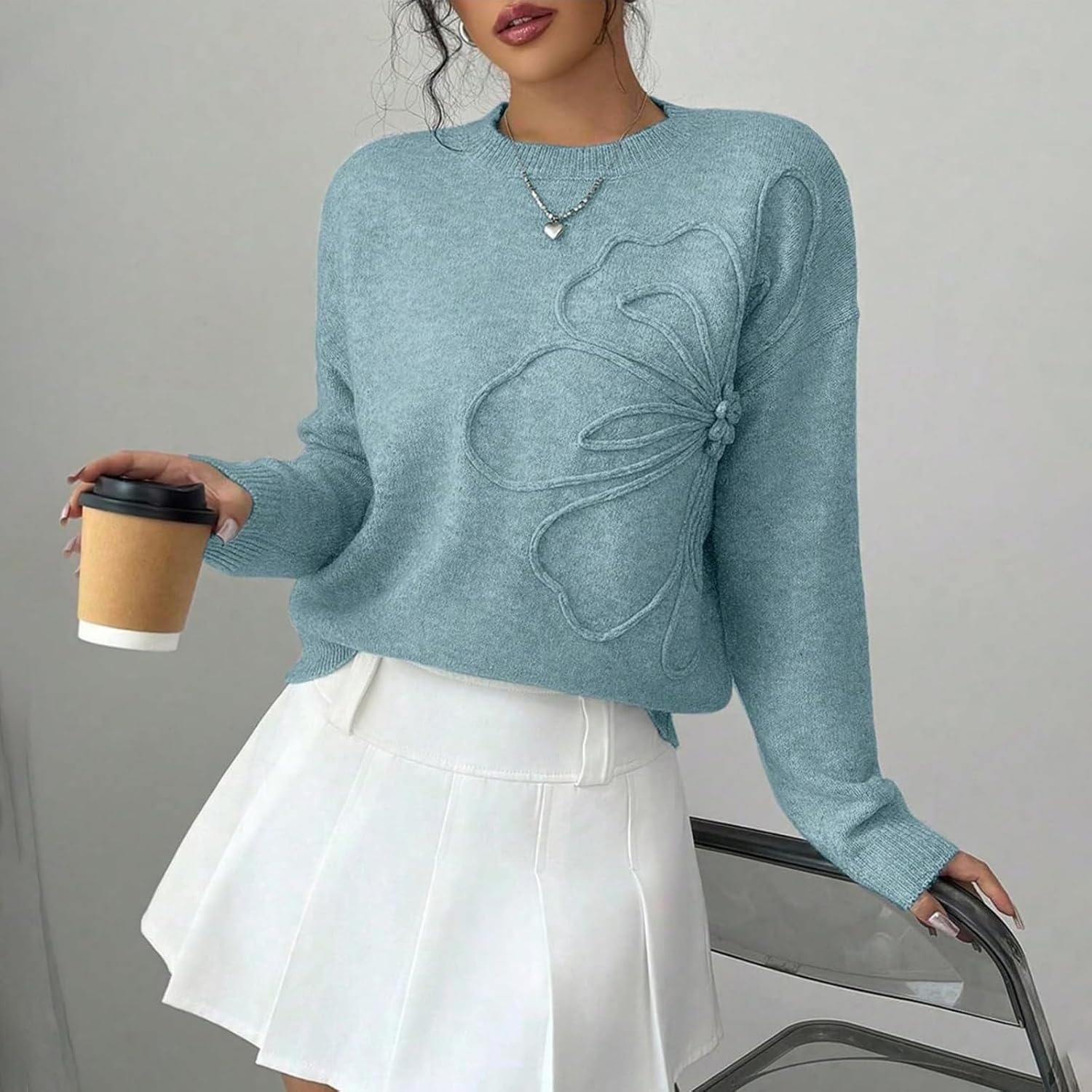 Women's 3D Floral Appliques Crewneck Sweaters Long Sleeve Drop Shoulder Pullovers Elegant Knit Tops - Image 2