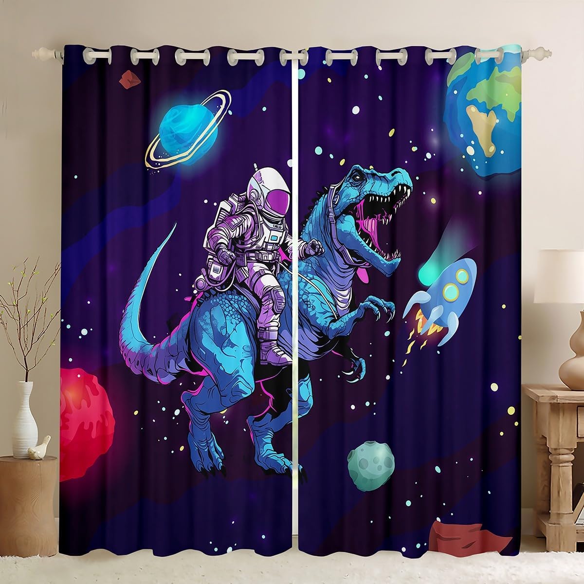 Outer Space Window Drapes Astronaut Rocket Curtains Galaxy Spaceman Kids Dinosaur Window Curtains for Bedroom Living Room for Boys Girls Universe Planets Window Treatments, 38x45 Inches,2 Panels