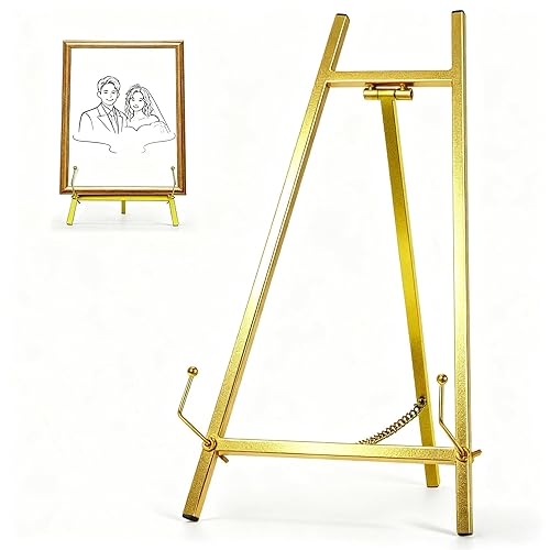 BeeCoAoo 16.5" Metal Easel Stand for Sign - Elegant Table Top Easel for Display, Heavy Duty Tabletop Picture Easel Stand for Wedding Sign, Picture Frame, and Art (Gold)