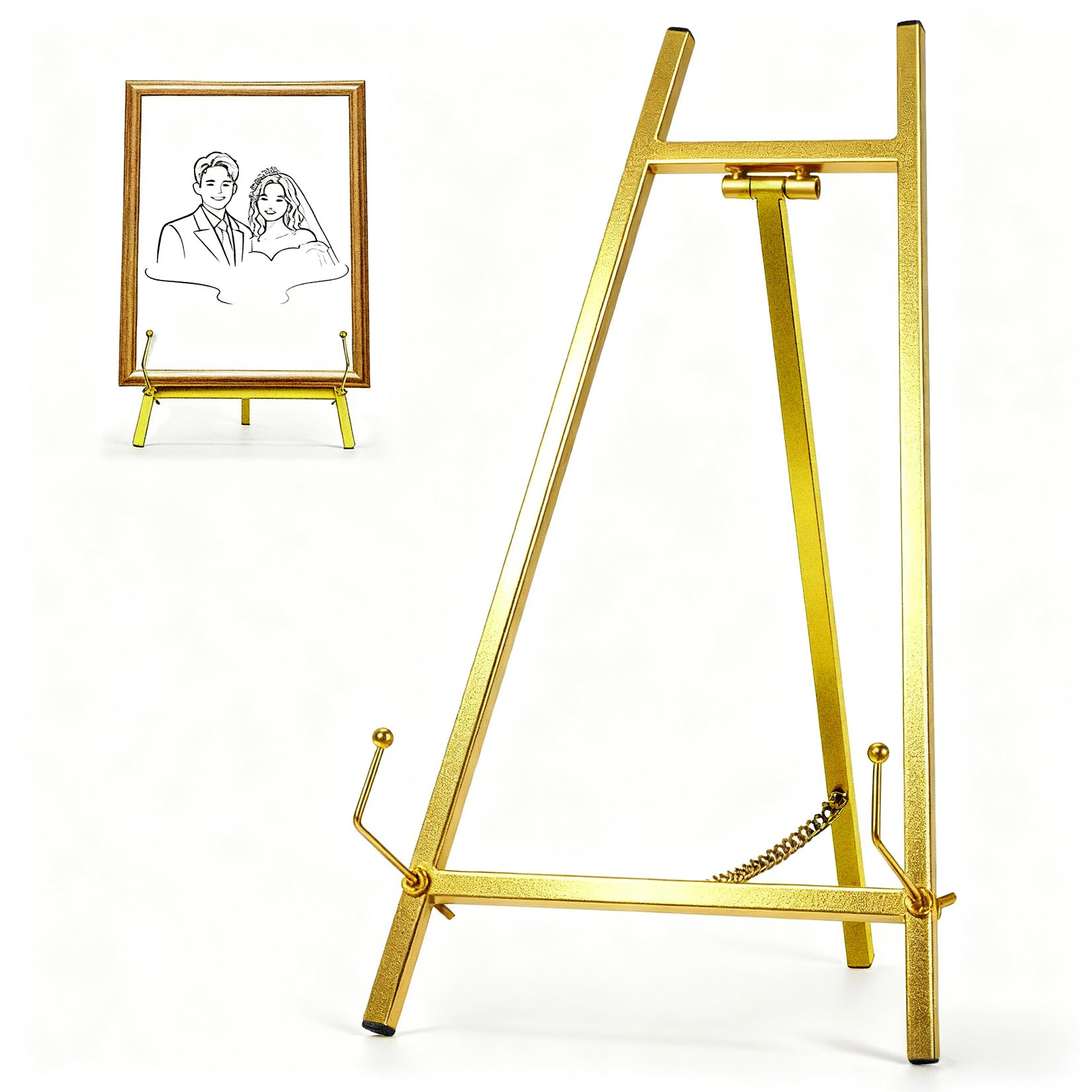 Photo 1 of BeeCoAoo 16.5" Metal Easel Stand for Sign – Elegant Table Top Easel for Display, Heavy Duty Tabletop Picture Easel Stand for Wedding Sign, Picture Frame, and Art (Gold)