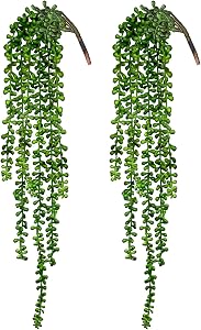 CEWOR 2pcs Artificial Succulents Hanging Plants Fake String of Pearls for Wall Home Garden Decor (24 Inches Each Length)