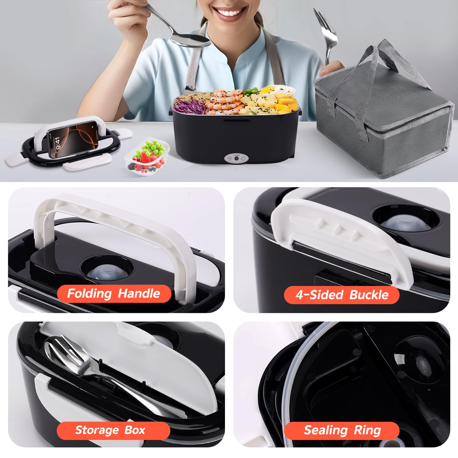 Lunch Box Chauffante Électrique 100W, 3 en 1 Portable, Gamelle Chauffante en Acier Inoxydable avec 2 Boîtes Amovibles, 12V/24V/220V pour Voiture, Camion et Bureau (Noir et Blanc, 1,5 L)