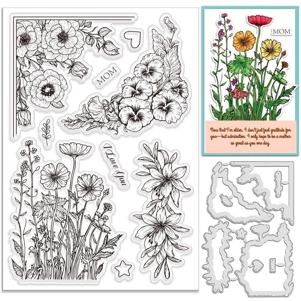INFUNLY 2pcs Mothers Day Flowers Silicone Stamp and Die Set