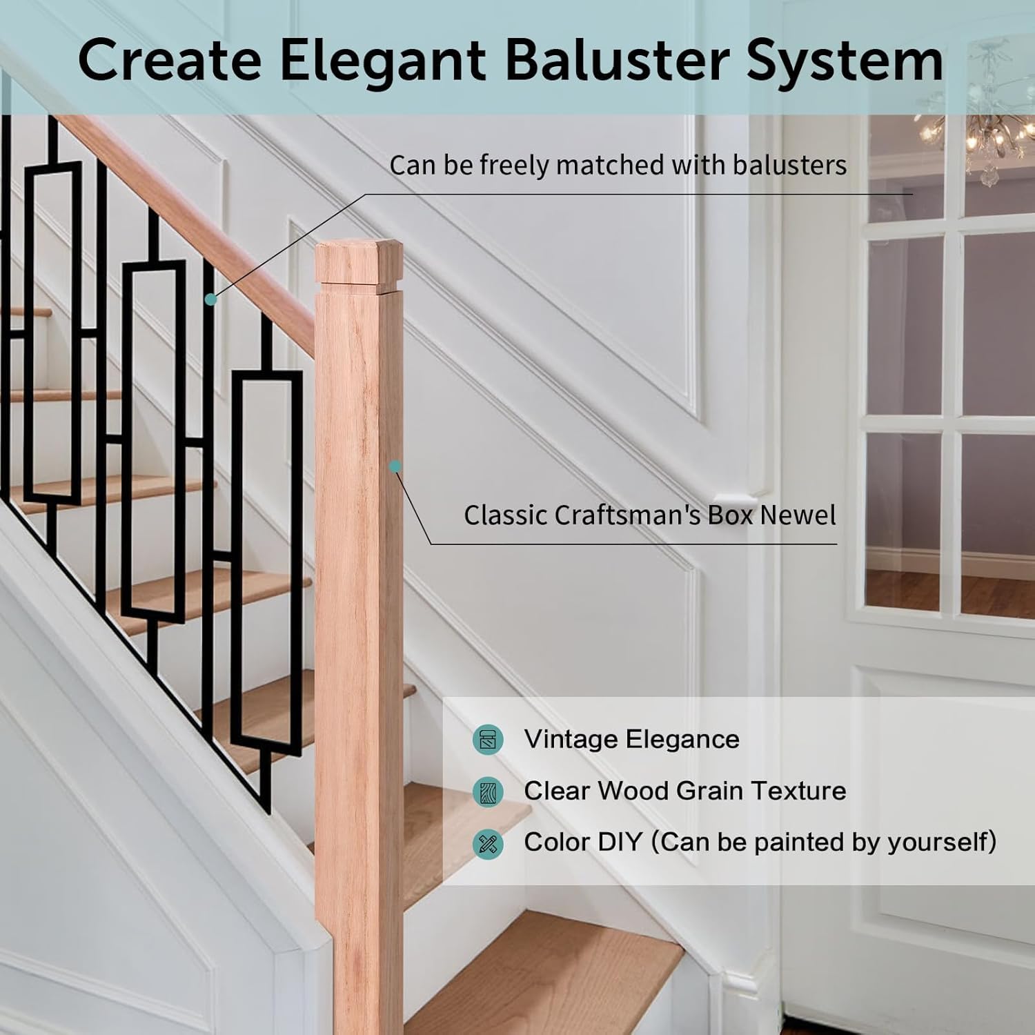 3.5" x 47" Red Oak Wood Stair Newel Post with a Single Groove Notched Newel Wood Balusters for Staircase Interior and Outdoor Railing Newels for Stair Handrails (4)