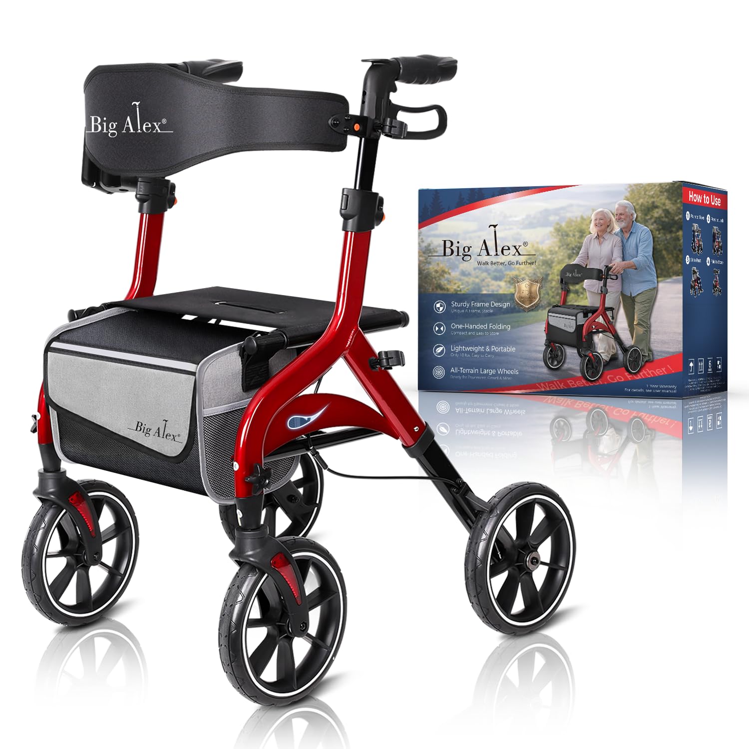 BigAlex Rollator Walker with Seat for Seniors, Foldable, 10" Wheels, Red