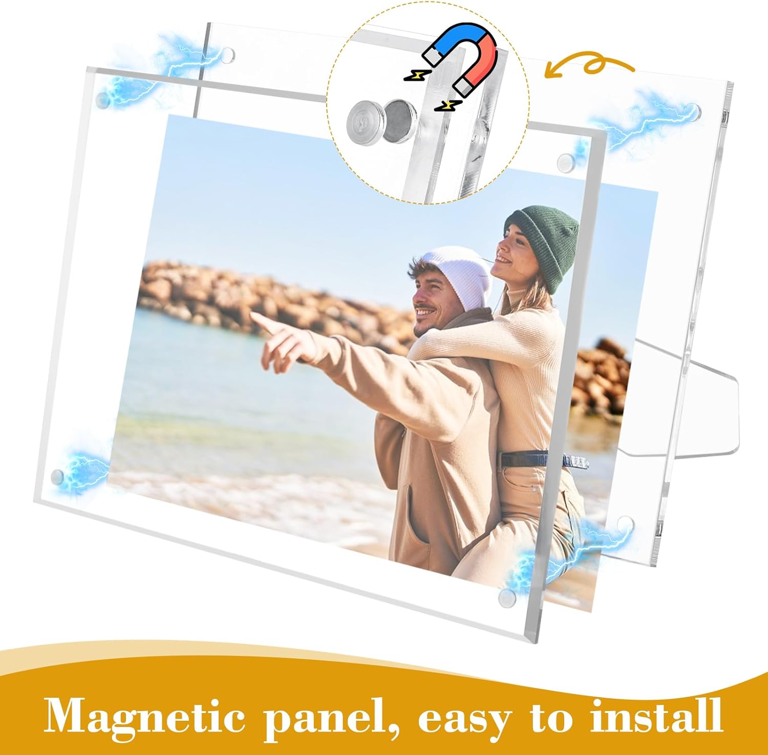 アクリル写真フレーム 4x6、5x7、8.5x11インチ マグネット写真フレーム、ブラケット付きフォトフレーム 家族写真アートワーク