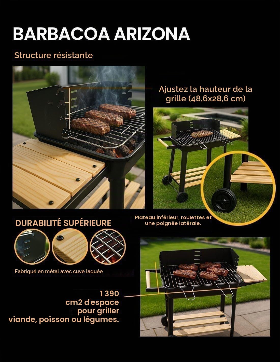 JARDIN202 - Barbecue Rectangulaire au Charbon avec Grille Cromée Arizona | Roues pour Transport | Plateau en Bois | Grill Extérieur | (Noir)