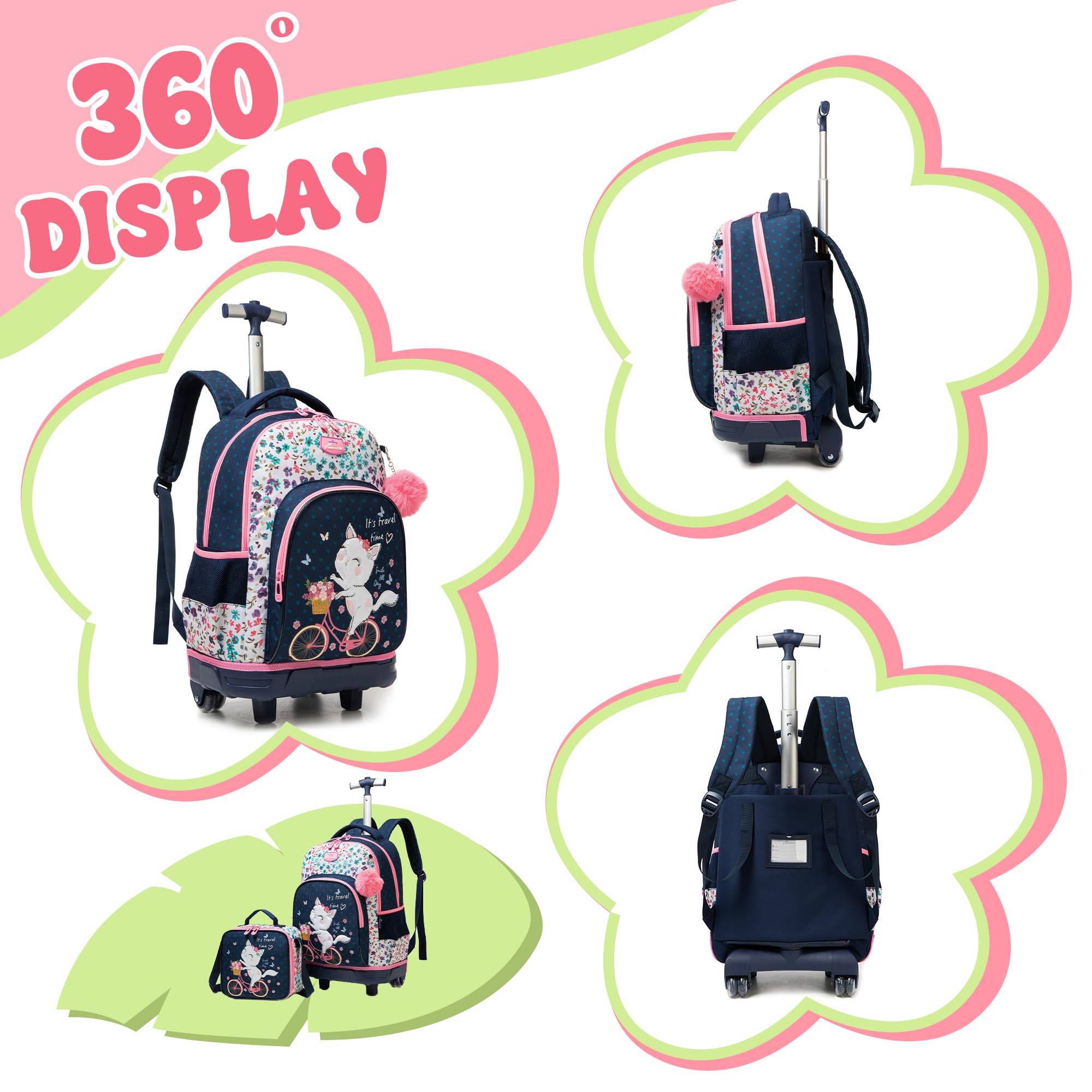 HTgroce Kinder Trolley Rucksack Schulranzen mit Rollen Mädchen schultrolleys Schulrucksack Kinderkoffer Rolling Backpack for Girls