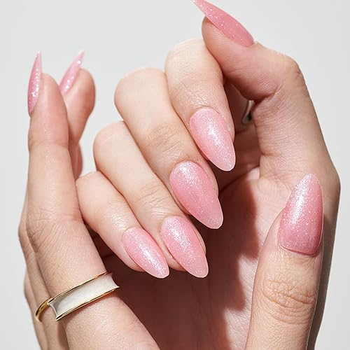 Miniatura 4 de GLAMERMAID Uñas postizas a presión de almendra medianas, hechas a mano con purpurina plateada con esmalte de uñas rosa claro, pegamento en las uñas,