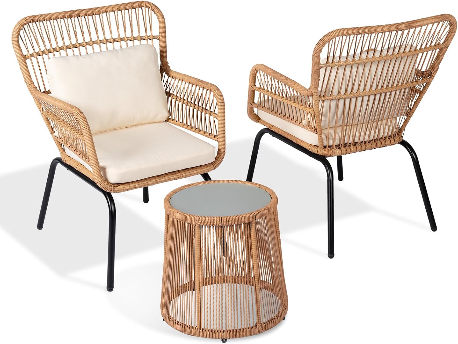 Tappio 3 Piece Outdoor Wicker Bistro Set, Patio Conversation Sets w/2 Large Rattan Chairs and Tempered Glass Table, Patio Furniture for Balcony, Porch, Poolside, Backyard, Beige