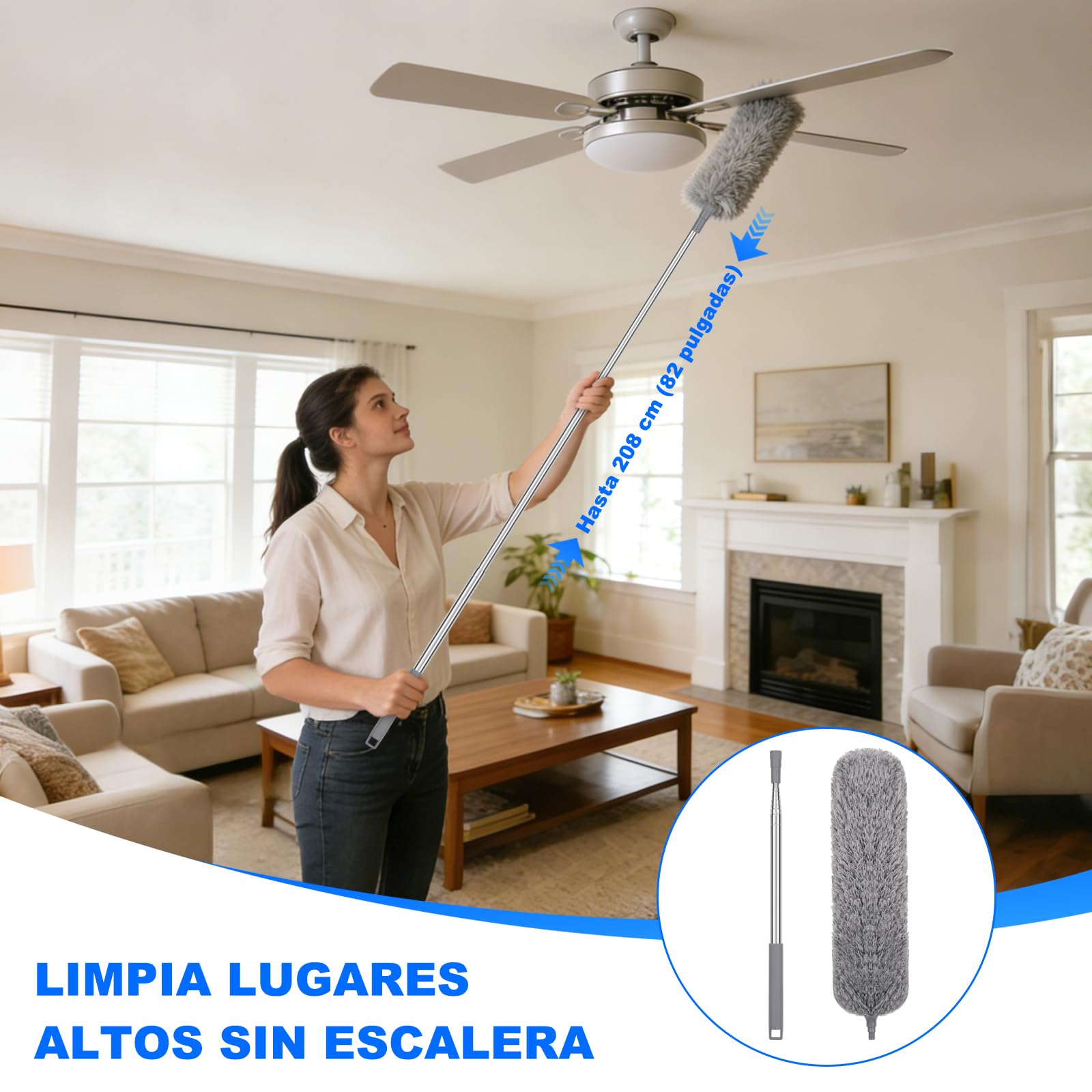 Apasiri Plumero de Plumas con Poste Telescópico Largo y 2 Cabezales de Microfibra Lavables, Herramienta de Limpieza Extensible para el Hogar, Techo y Zonas de Difícil Acceso, Sin Arañazos, Fácil de — view 6