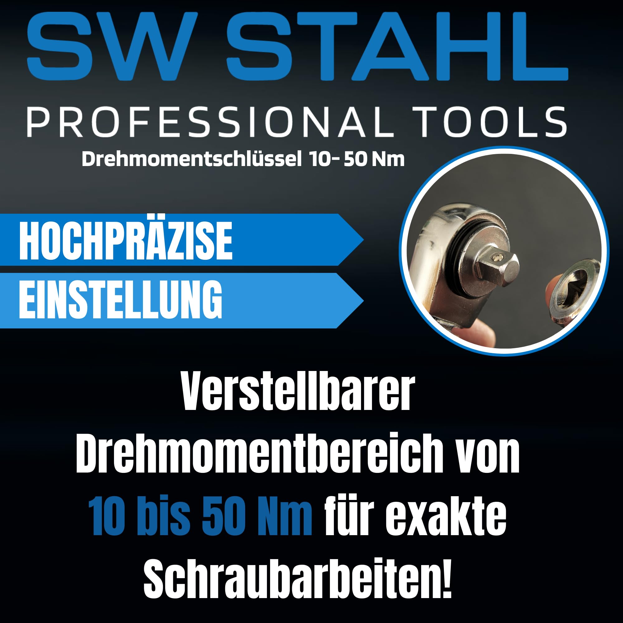 SW-Stahl 03872L Clé Dynamométrique Professionnelle 3/8 Pouces, 10-50 Nm | Outil avec cliquet réversible à 48 dents, précision de +/- 4%, certificat d'étalonnage et réglage numérique direct.