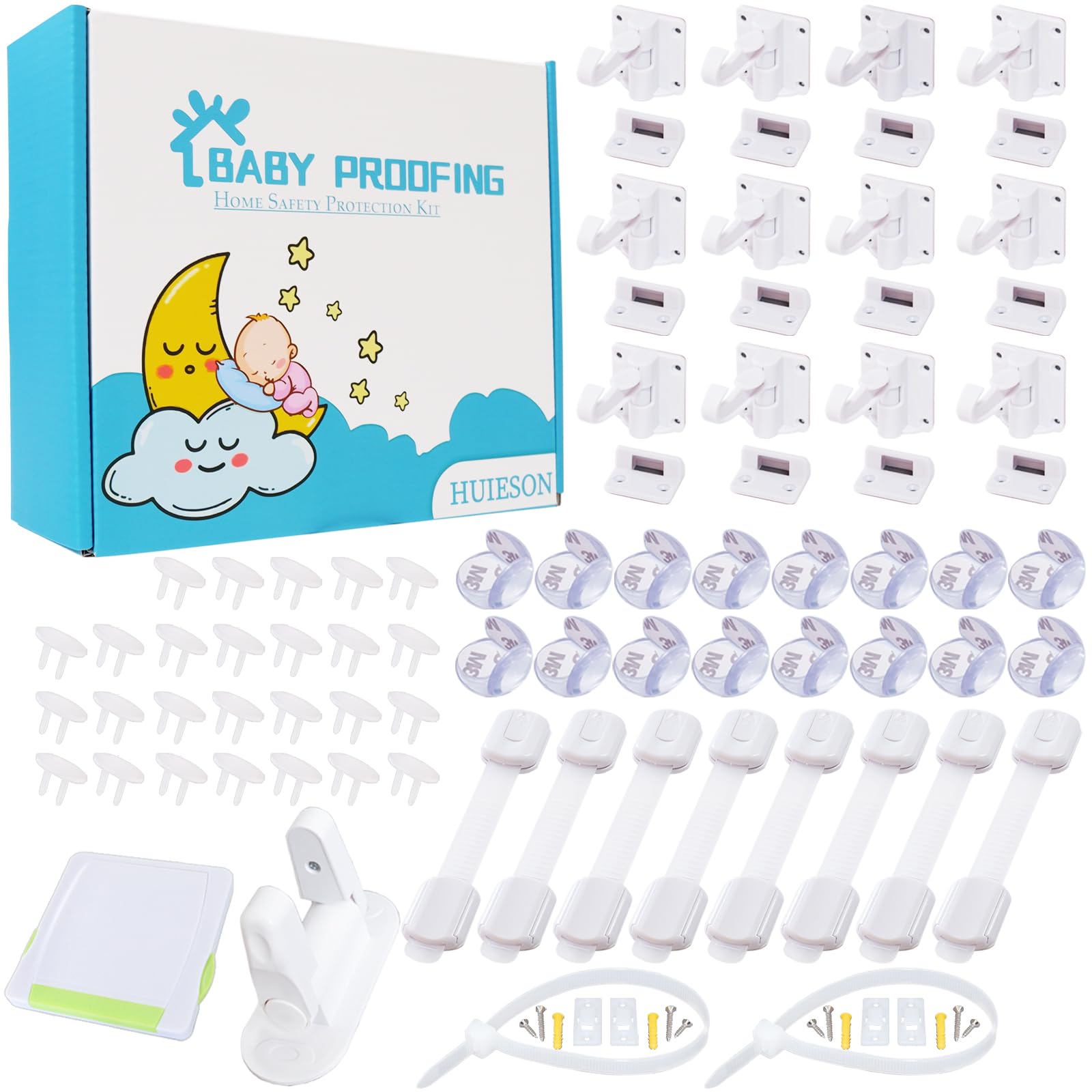 66 Pack Baby Proofing Kit | 12 Hidden Cabinet Drawer Locks, 8 Adjustable Latches, 26 Outlet Covers, 16 Corner Guards, 2 Anti Tip Furniture Anchors Kit