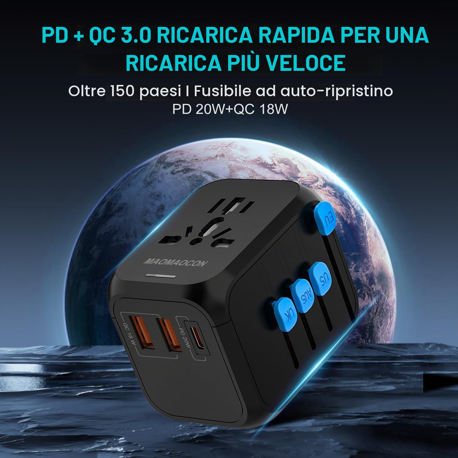 MAOMAOCON Adattatore da viaggio universale da viaggio con PD20 W — immagine 2 di 10