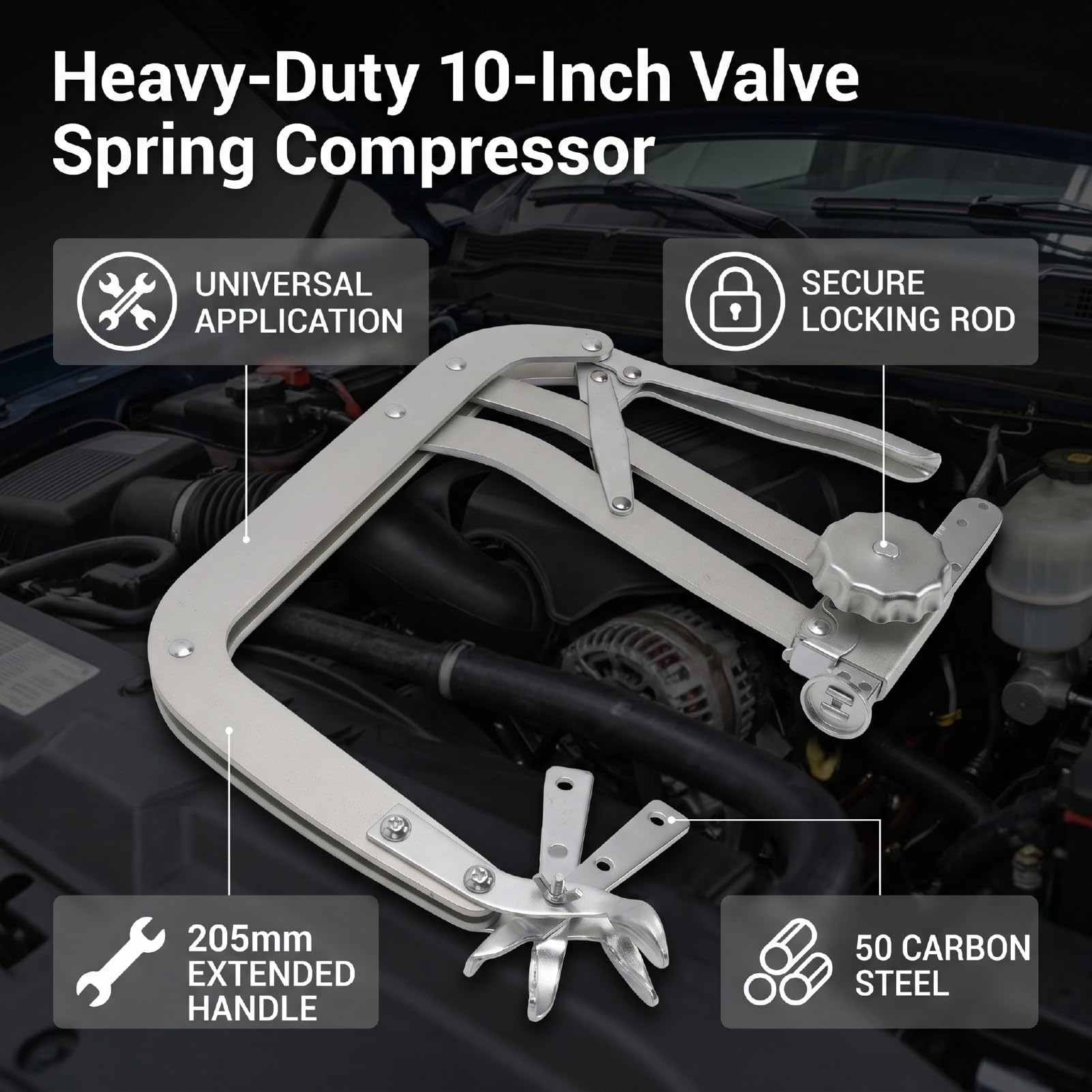 AMONIDA Compressore Molla Valvola 10 Pollici Acciaio Carbonio 50 | Compatibile con motori a valvole in testa, profondità della gola di 255 mm, impugnatura da 205 mm, include morsetti offset