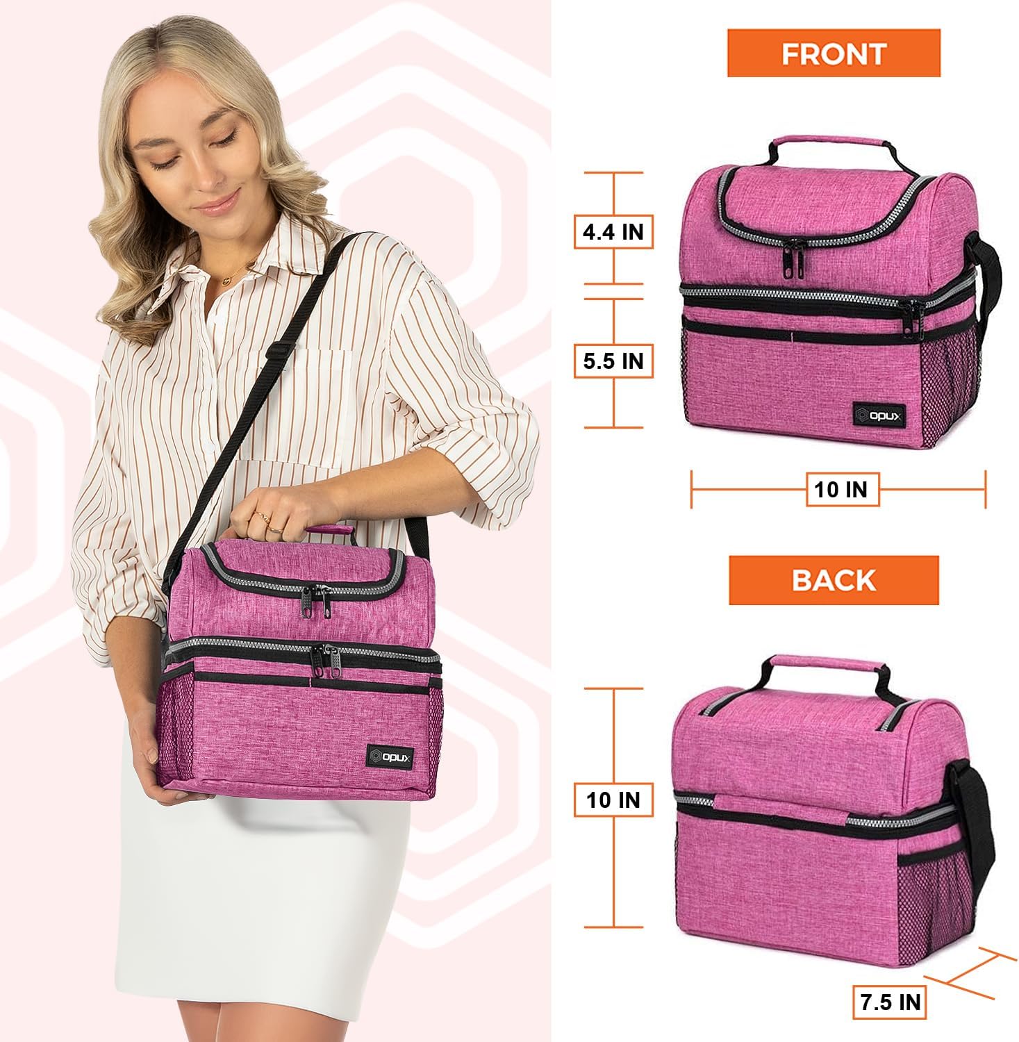 OPUX Lunch Box For Women, Insulated Large Lunch Bag Adult Work, Double Decker Lunchbox Meal Prep, Dual Compartment Leakproof Lunch Cooler, Soft Lunch Pail Tote for Girls, Kids, School (Pink, 16 Cans) - Image 3