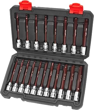 LLNEDL 3/8 Inch Drive Long Allen Hex Bit Socket Set, 19-Piece Hex Head Standard SAE & Metric Sockets 1/8"-3/8", 3-12mm, S2 Alloy Steel Durable Tools for Mechanics