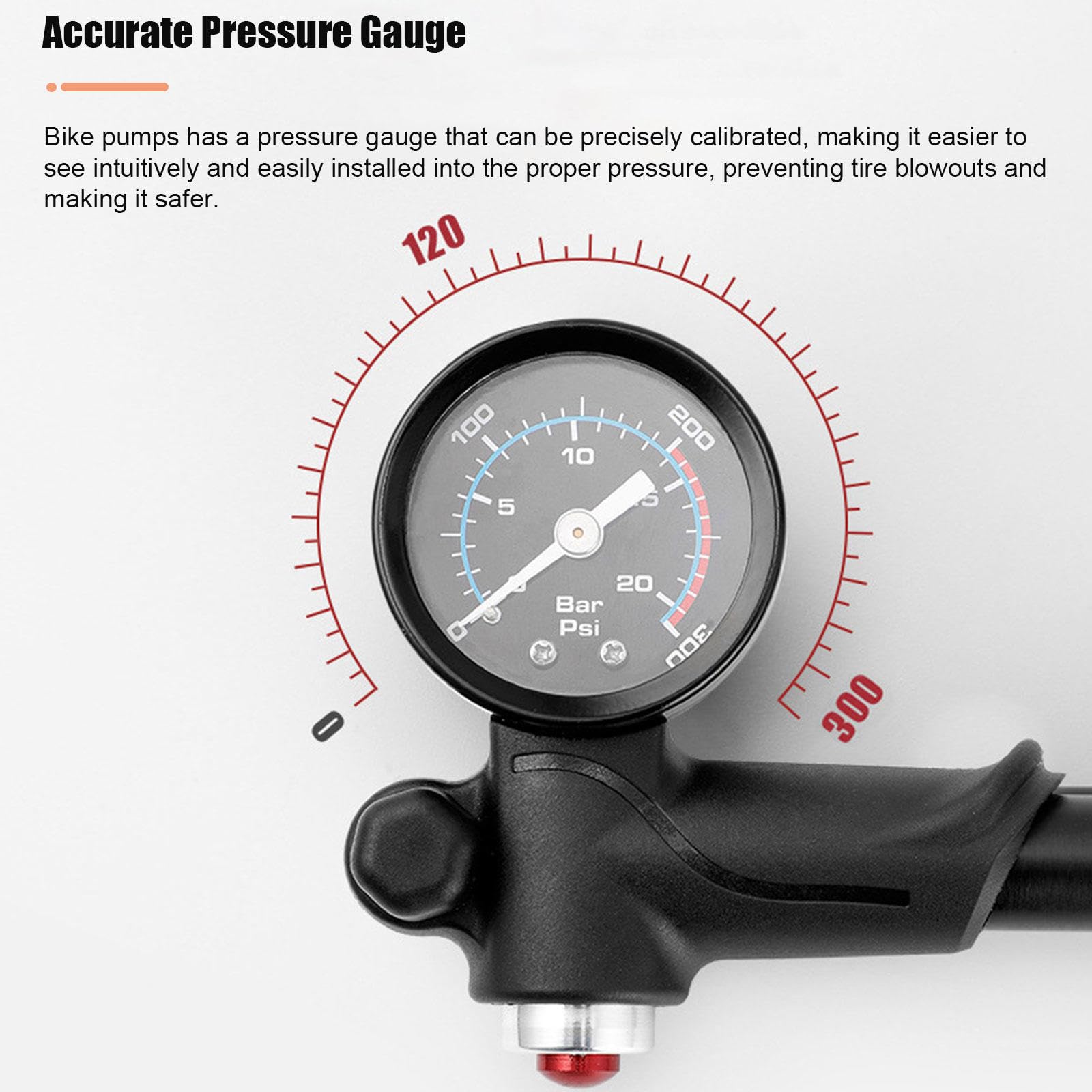 Fahrradpumpe mit 300 PSI Manometer, Kompakte Fahrradpumpe mit Presta- und Schrader-Ventilen, Mini-Fahrradreifen-Standpumpe für Rennrad, Mountainbike