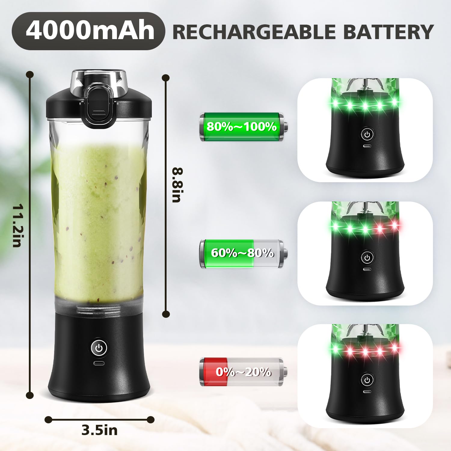Licuadora portátil para batidos y licuados, exprimidor personal de 20 onzas, botella mezcladora eléctrica de proteínas con funda aislada, recargable USB-C, tapa de viaje, taza pequeña para cocina 4