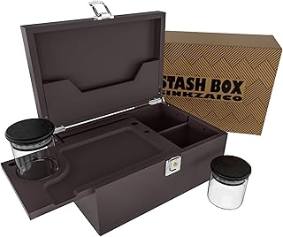 Stash Box with Tray, Large Bamboo Storage Box with Removable Organizer Tray & Airtight Jars Set, Decorative Home Smell Proof Wooden Box Christmas Gifts for Men and Women (Brown)