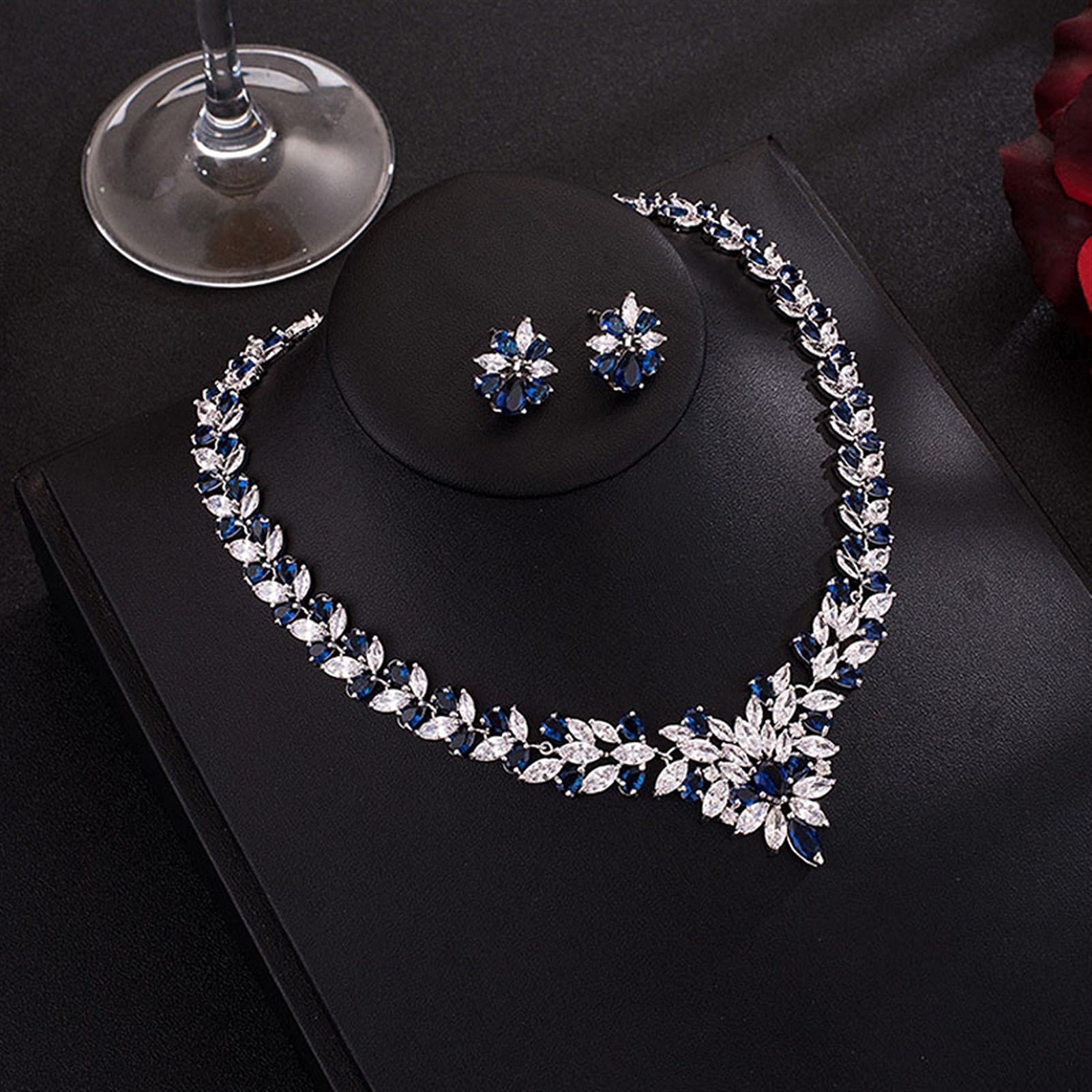 Joyería Joyería de Traje de Fiesta de Boda Hoja Brillante Zirconia cúbica Pendientes de Perno Conjuntos de Collar