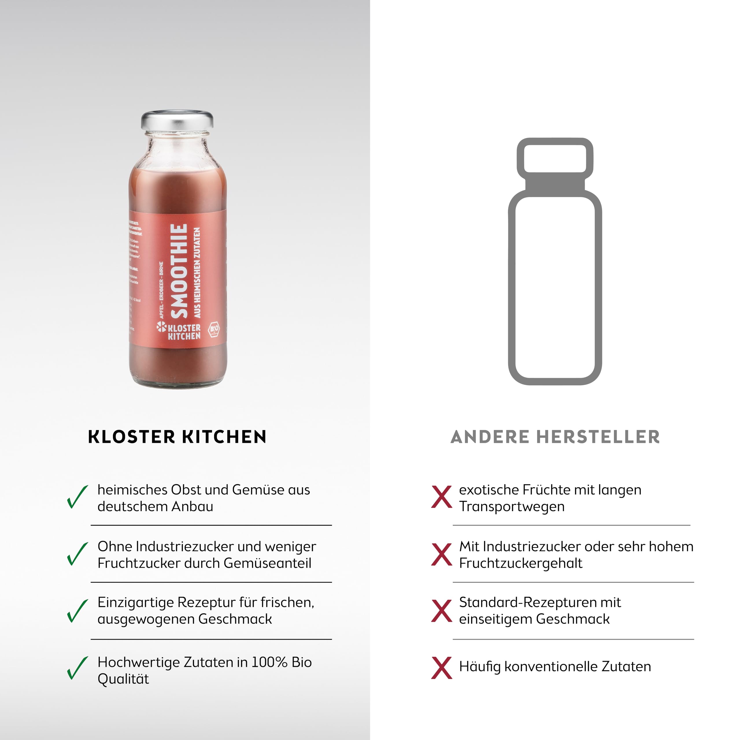 Kloster Kitchen Bio Smoothie Rot Apfel Birne Erdbeer 12x 250 ml I Superfood Frühstück vegan I To Go Glasflasche I Powerfood aus heimischen Zutaten