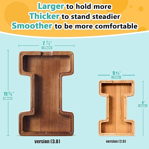 Miniatura 418 de SummiDate Alcancía de madera con nombre, niños y niñas, tamaño grande, letras alfabeto A-Z, monedas y billetes, inicial en cubierta transparente