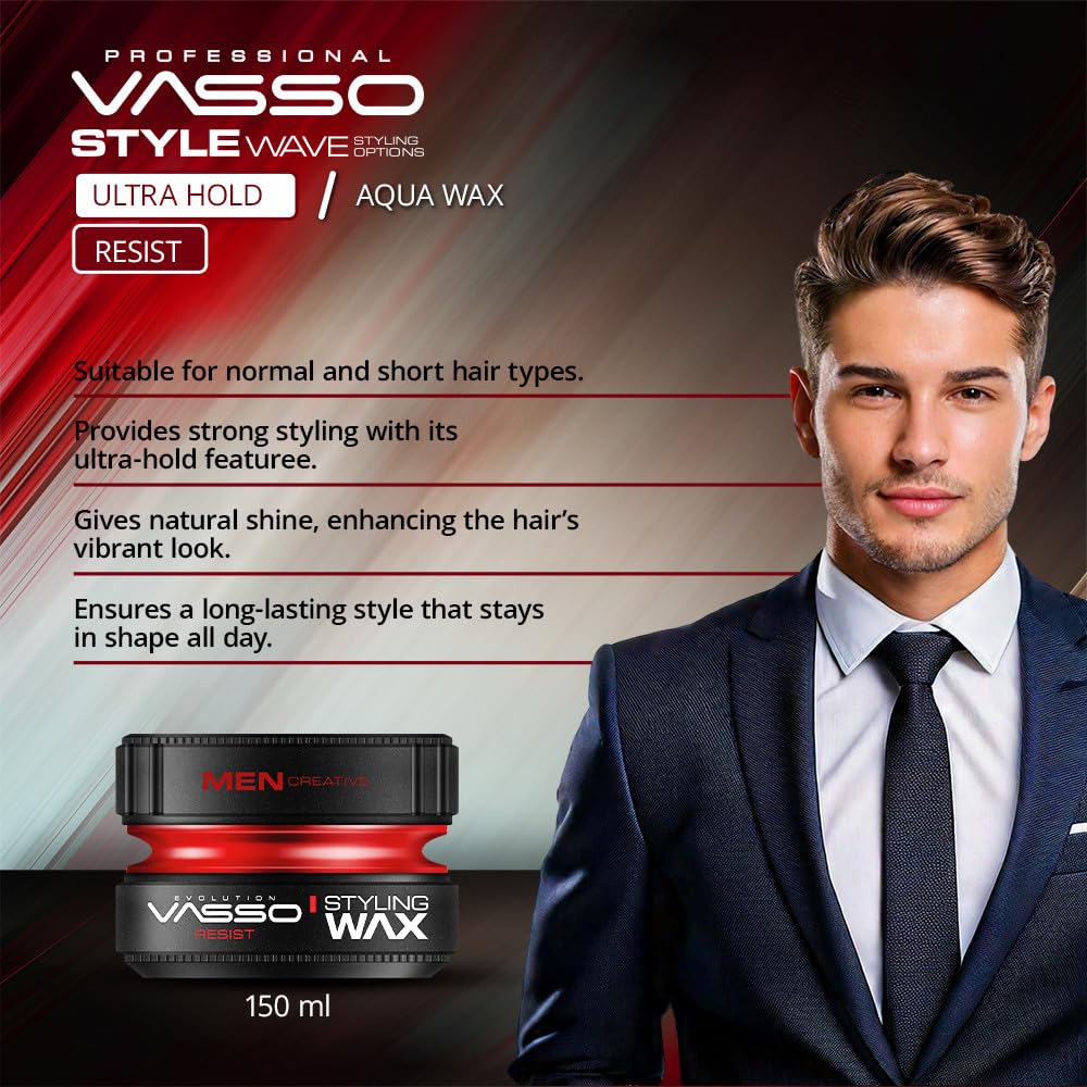 Vasso Hair Styling Wax | Normal and Short Hair | Ultra Hold and Natural Shine | AQUA Resist 150 ml
