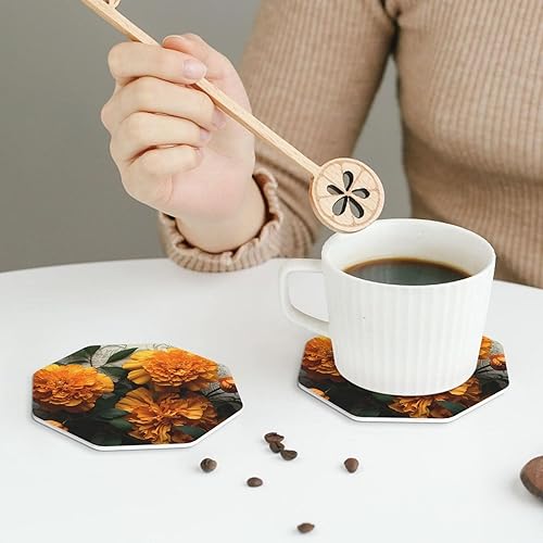 Miniatura 6 de 4Pcs Drink Coasters for Drinks Tabletop Protection, Marigold Leather Coaster for Kinds of Cups, Absorbent Cup Coaster for Coffee Table Home Decor 4"