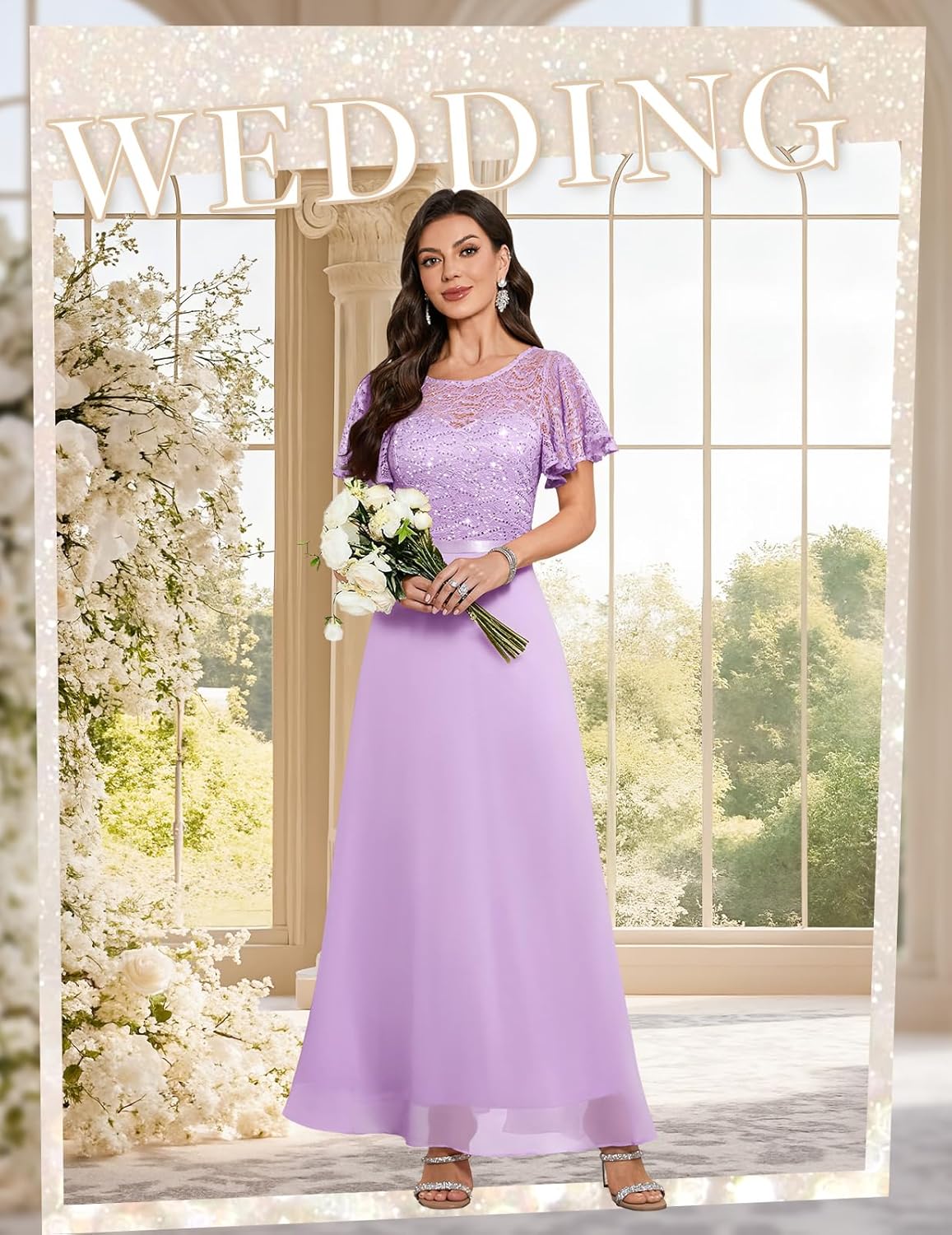 DRESSTELLS Wedding Guest Dress for Women, Long Mother of Bride Formal Sequin Cocktail Evening Party Lace Prom Dresses