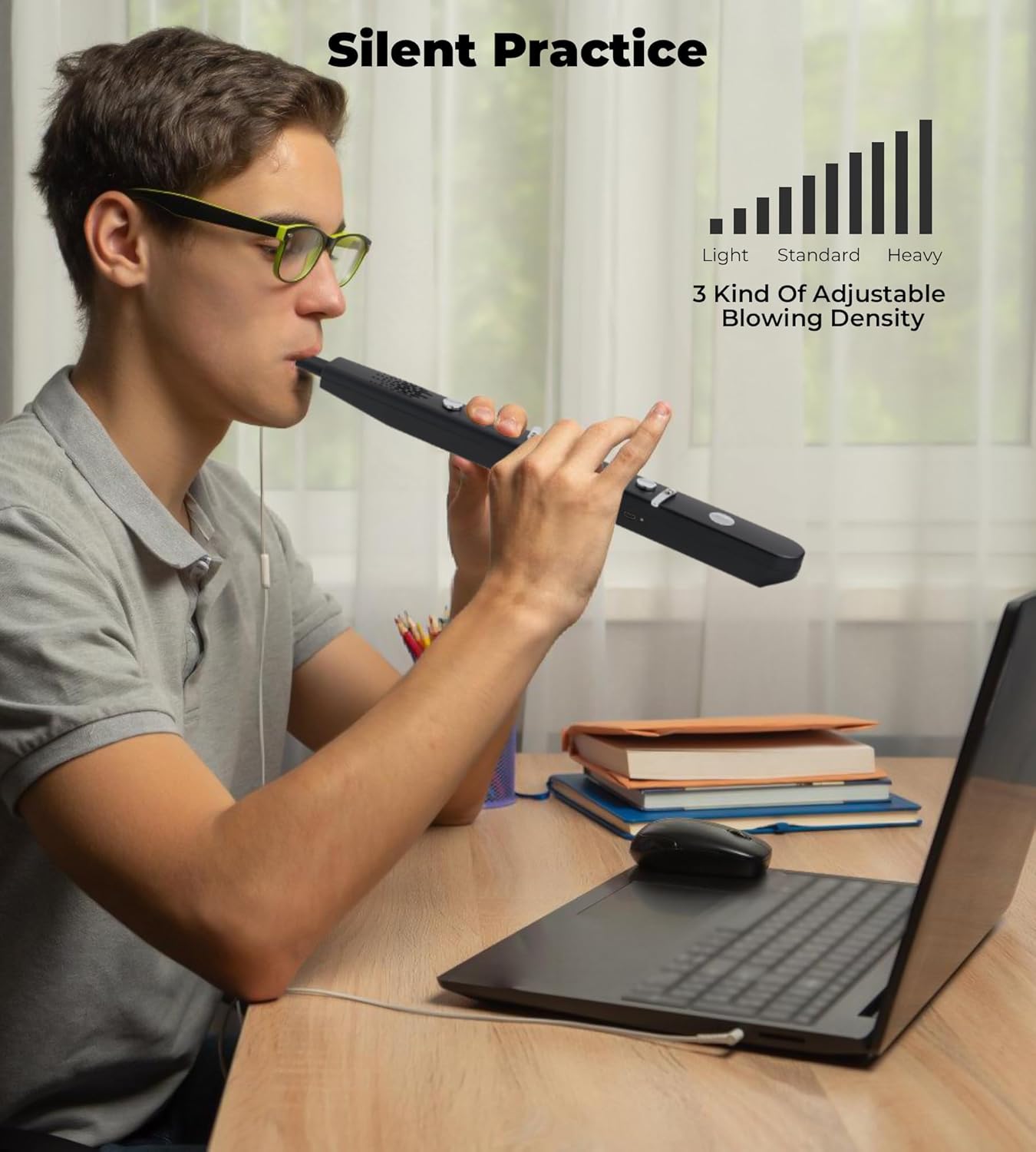 Person practicing Vangoa MAE-02 Digital Wind Instrument with headphones