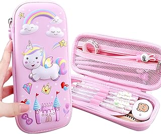 مقلمة يونيكورن للبنات من تشانيد صندوق اقلام بلاستيكي ثلاثي الابعاد بسعة متوسطة مع مساحة تخزين لطيفة منظم مستلزمات المدرسة للاطفال شنطة قرطاسية هدية زهري