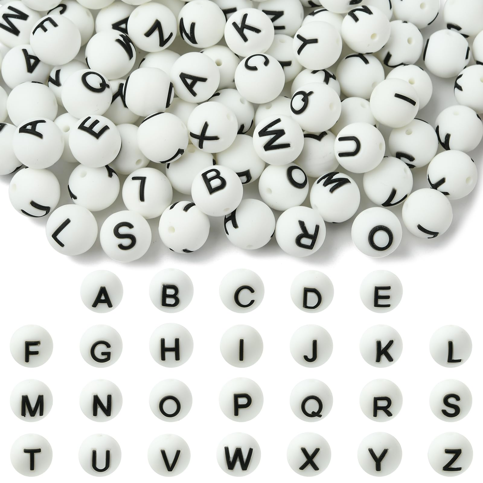 WEWAYSMILE 104 Stück 15 mm Silikon-Buchstabenperlen zur Herstellung von Schlüsselanhängern Rund Großpackung A-Z-Alphabet-Silikonperlen für Stifte DIY-Armbänder Halsketten (weiß)