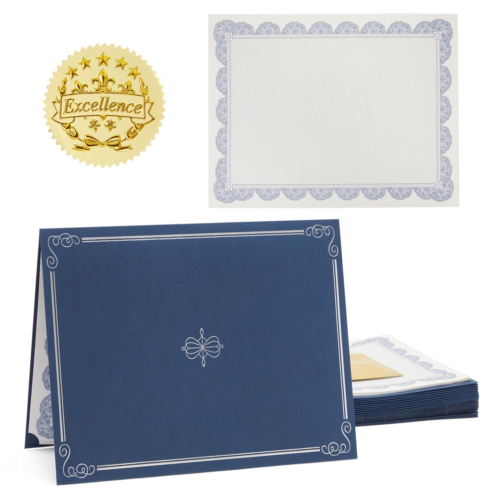 Buy 24 Pack Navy Blue Certificate Holders Kit, 8.5 x 11 Letter Size Paper with Gold Seals for