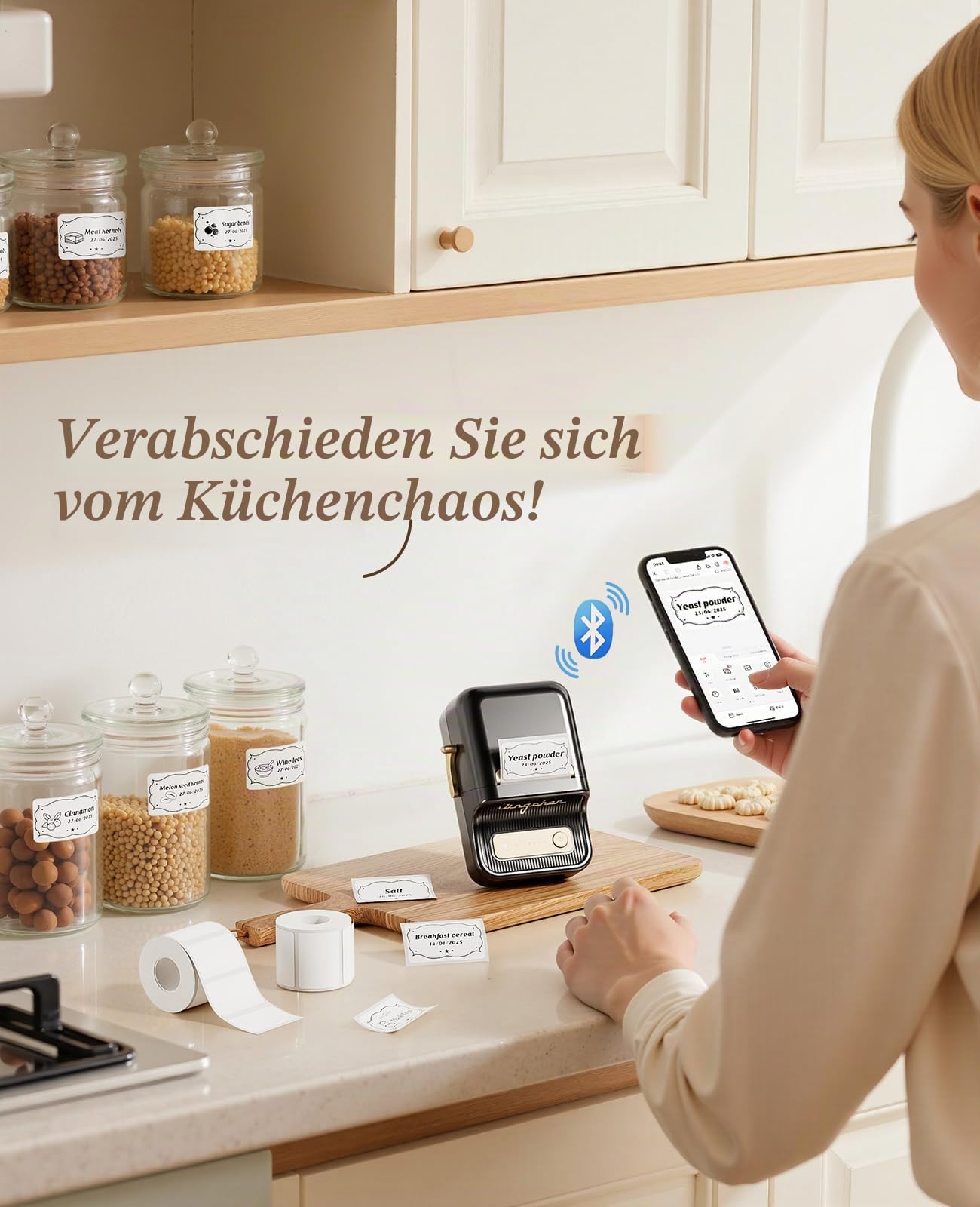NIIMBOT B21 Etikettendrucker mit 1 Rolle Starterband, Bluetooth Selbstklebendes Etikettiergerät, Beschriftungsgerät Druckgröße 20-50mm Kompatibel mit iOS und Android für Zuhause, Büro