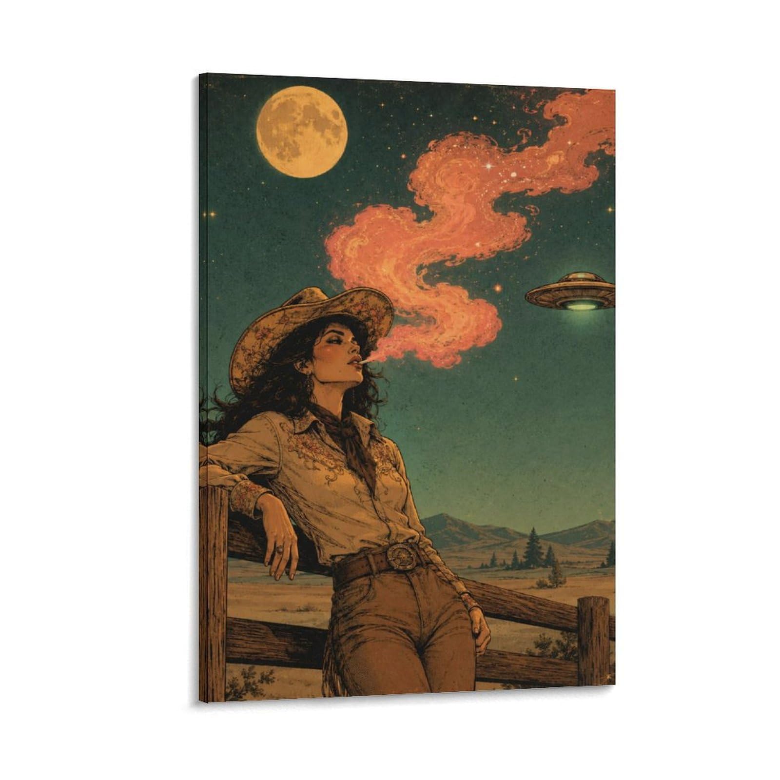 W7C8U2X3 UFO Cowgirl Western Moon Canvas Wall Art, Western Cowgirl Wall Art