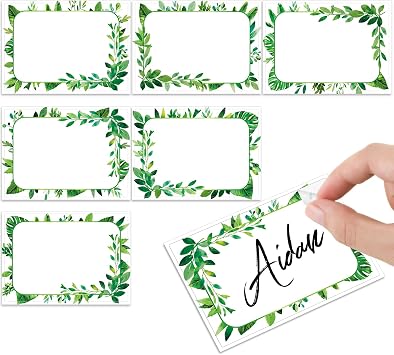 Engrowtic 240 Pcs Greenery Name Tags Stickers Summer Green Leaves Border Tag Labels Party Name Tag Personalized Tags for Themed Party Office Home, 3.5 x 2.4, 6 Styles