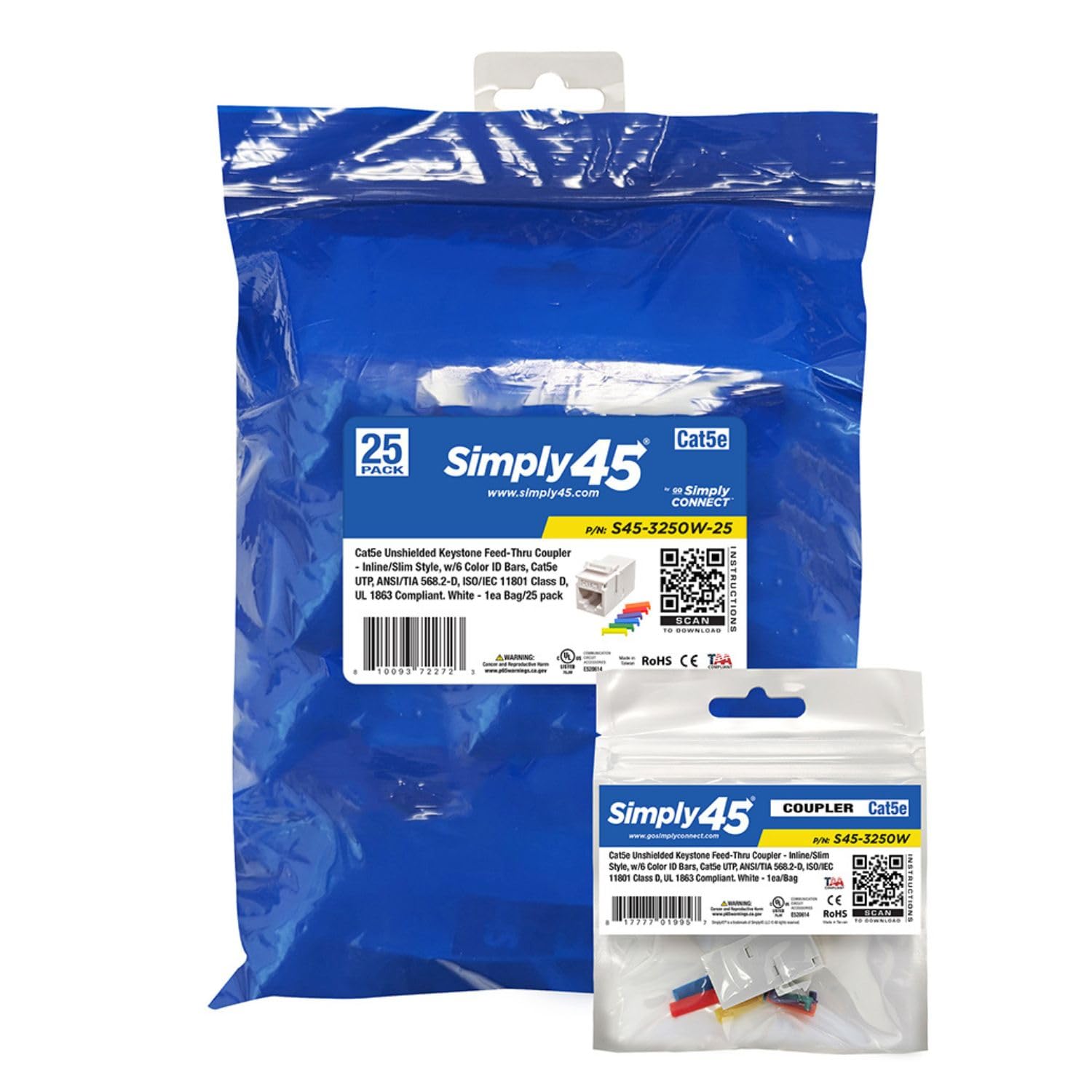 Simply45 Cat5e Unshielded Keystone Feed-Thru Coupler - Inline/Slim Style, Supports S45 Snap-On ID Bars - White, 25-Pack - S45-3250W-25