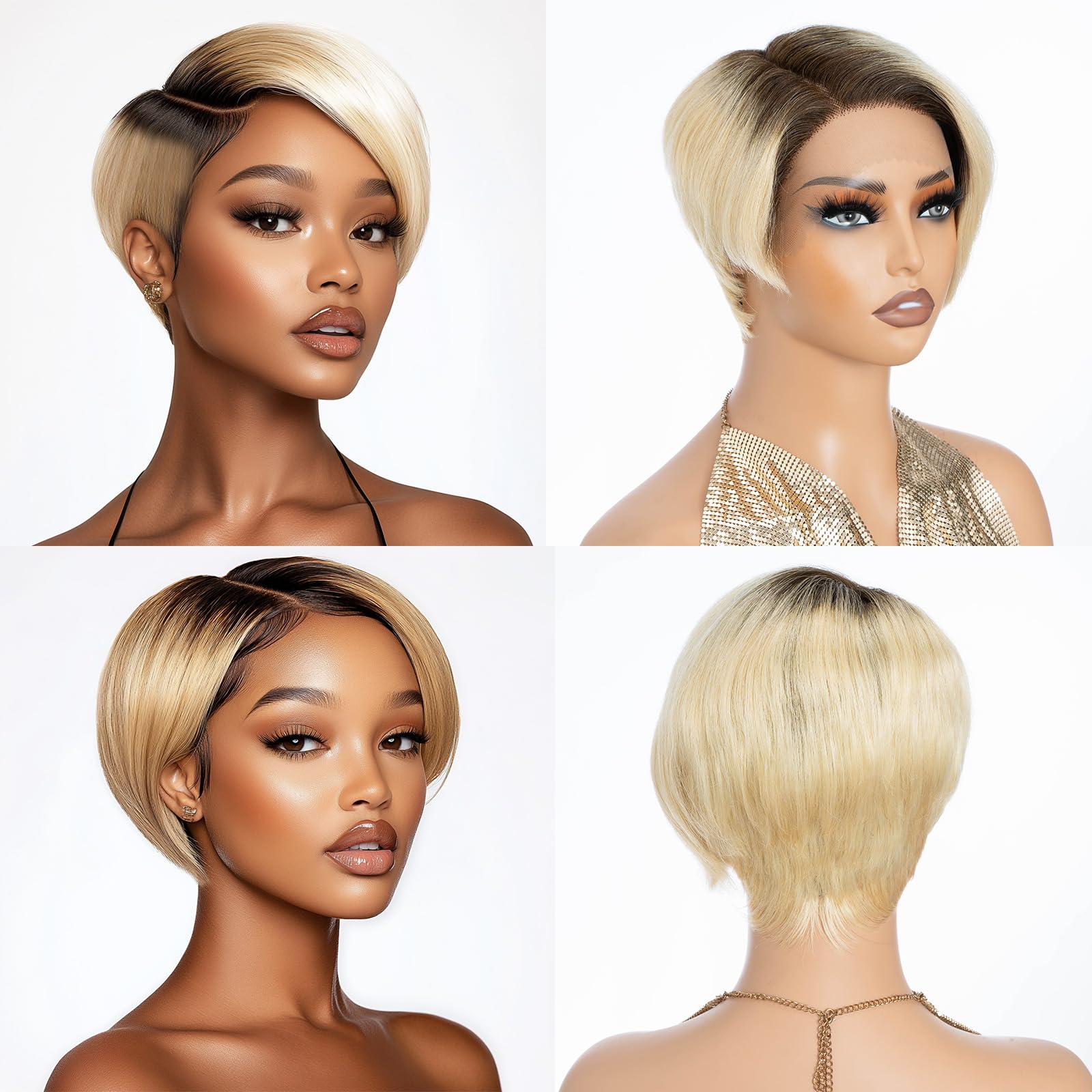 DÉBUT Human Hair Pixie Wig Side Part Lace Front Wigs with Side Fringe Swept Bangs Short Pixie Cut Wig Ombre Brown to 613 Dark Roots with Blonde