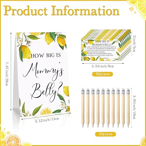Miniatura 2 de Sabary 64 juegos de baby shower incluyen How Big is Mommy's Belly Sign Bump Game 50 tarjetas, 10 lápices, 3 cintas métricas para baby shower,