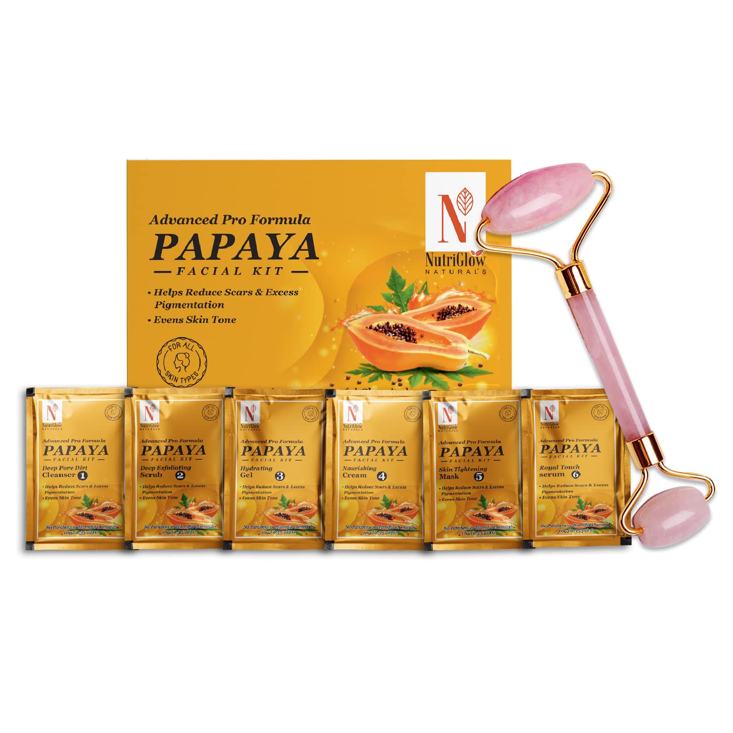 NutriGlow NATURAL'S Papaya Facial Kit For Blemish Free and Fairer Skin Hydrated & Brightening Fresh Looking Skin, All Skin Types, No Parabens & Sulphates, 60gm With Jade Roller