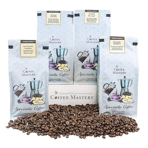 Coffee Masters Muestra de café en grano entero, Jamaican Me Crazy, crema de nuez de vainilla, Caramel Kiss, Highlander Grogg, 48 onzas