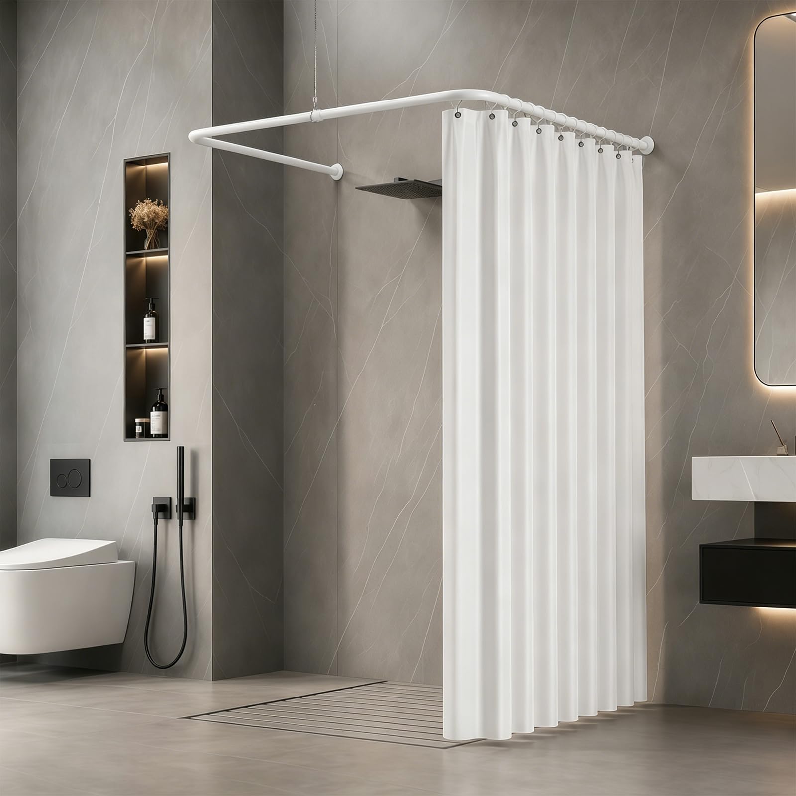 Tringle de rideau de douche en forme de U / L, flexible et réglable en acier inoxydable, barre de douche d'angle avec support de plafond pour baignoire/salle de bain, montage de perçage nécessaire, 4