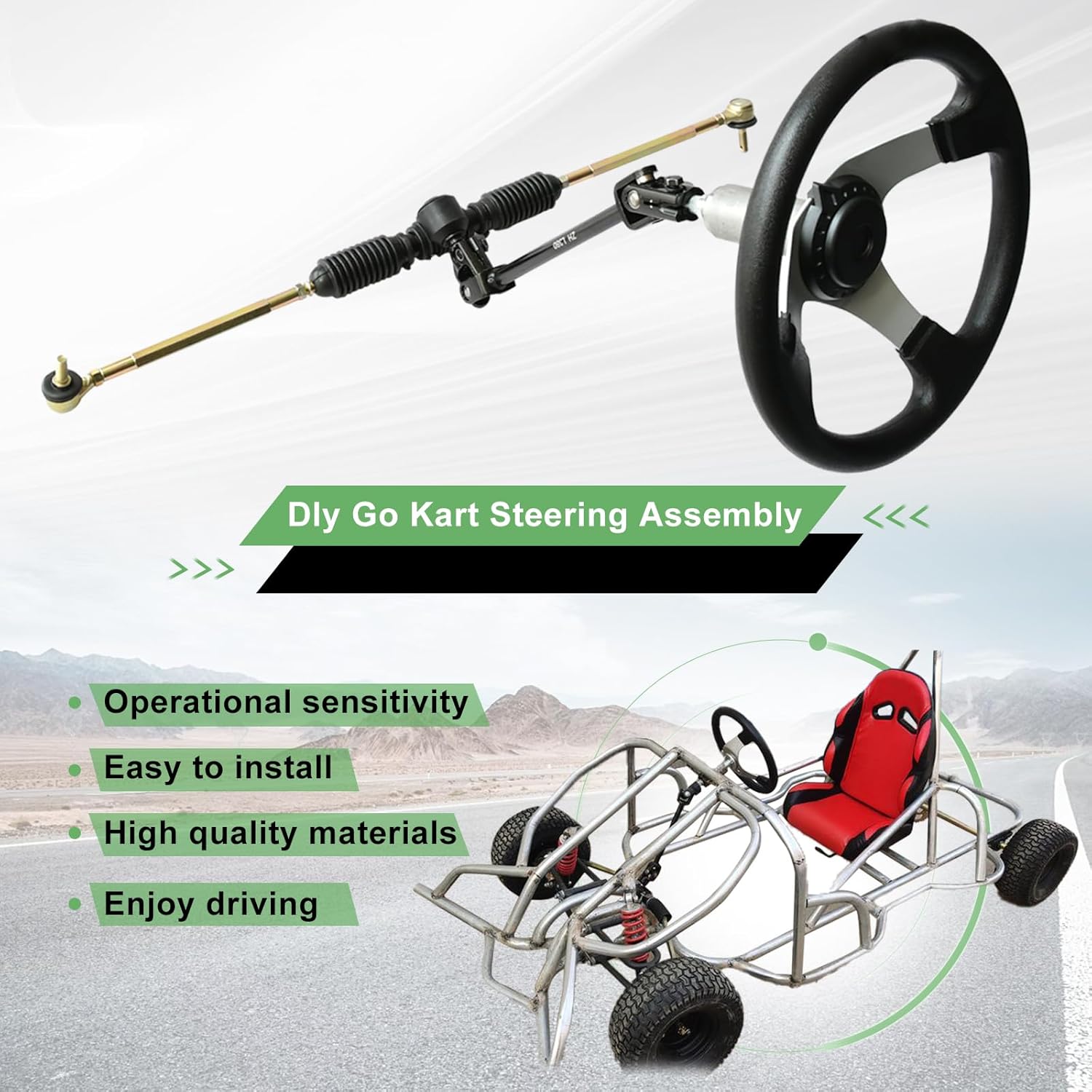 JNDO Go Kart Steering kit 380mm Steering Shaft+340mm Rack and Pinion+300mm Steering Wheel+150mm Steering Column+240mm Tie Rods+80mm Sleeve Suitable for Buggy Quad Go Kart Golf UTV