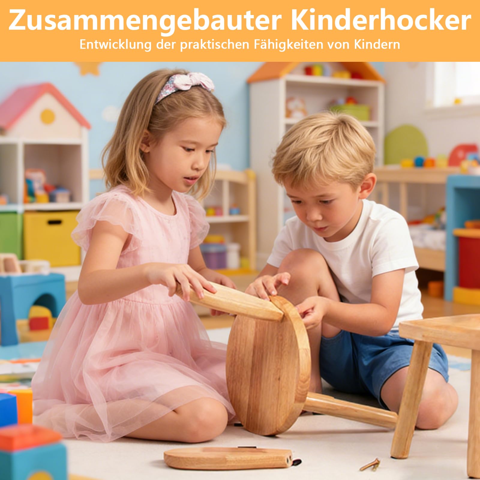 Kinderstuhl Holz, 43 x Ø 26 cm Massivholz Kinderstühle mit Hasenohren Rückenlehne, Kinderhocker für Kinder ab 2 Jahr Essen Malen Spielen